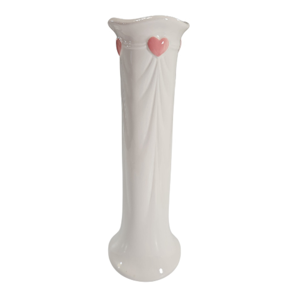Vintage FTDA 1985 White Bud Vase Pink Hearts Romantic Floral Home Decor
